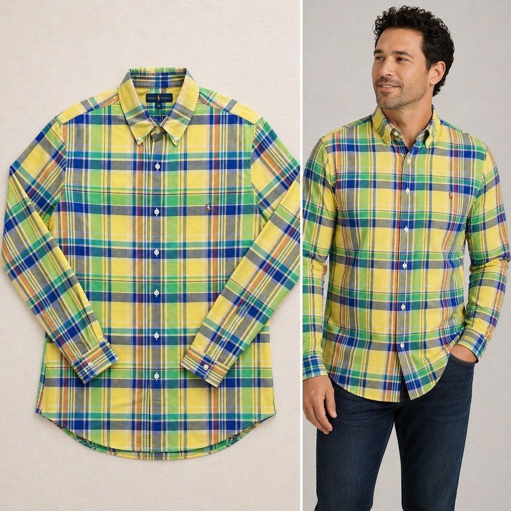 Ralph Lauren Mens Classic Fit Plaid Button Down Shirt XL Yellow Green Blue NWOT